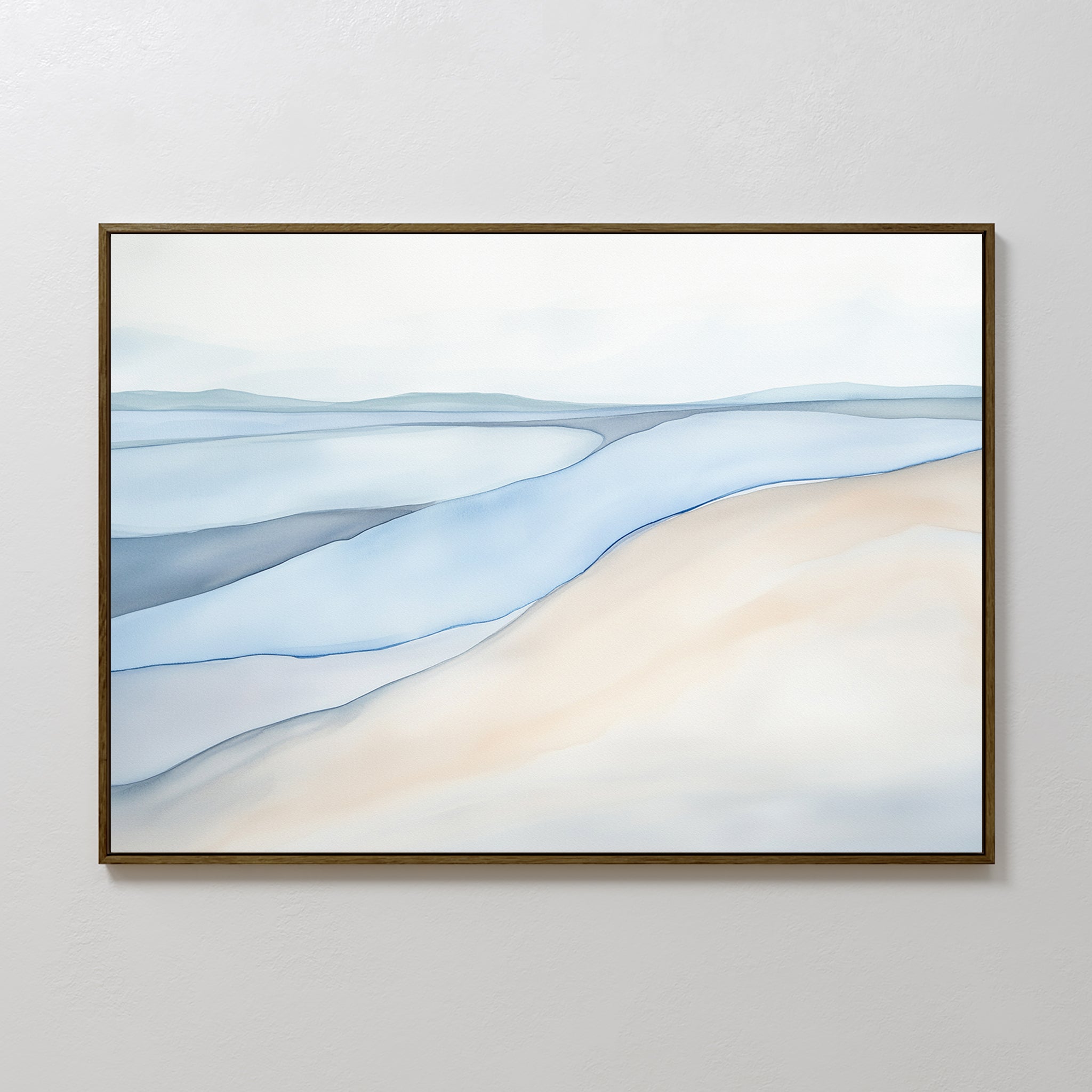 The Pale Currents Canvas Art - Horizontal features soft, flowing lines in pale blue, gray, and beige, evoking a tranquil landscape—ideal as calming décor for any Nordic Park-inspired space.