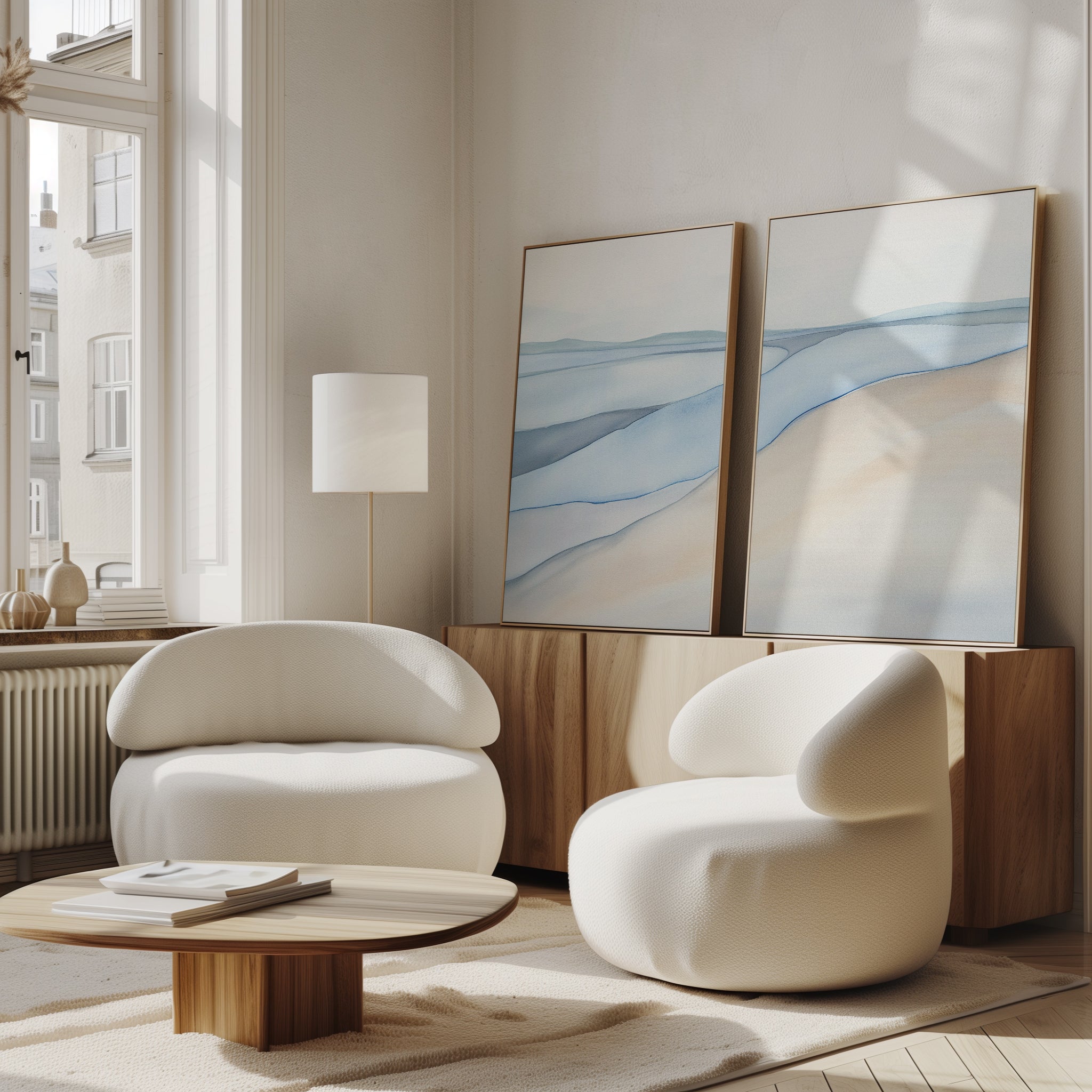 A bright, modern living room features two white rounded armchairs, a low wooden coffee table, and a lamp. "Pale Currents - Set of 2" abstract prints in blue and beige tones lean against a light wood sideboard by large windows.