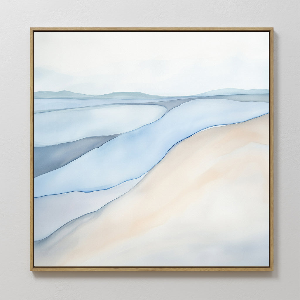 The Pale Currents Canvas Art - Square features a framed abstract design with soft blue, beige, and white tones. This serene wall art evokes gentle hills and water-like forms for a calm, minimalist Nordic Park-inspired vibe.