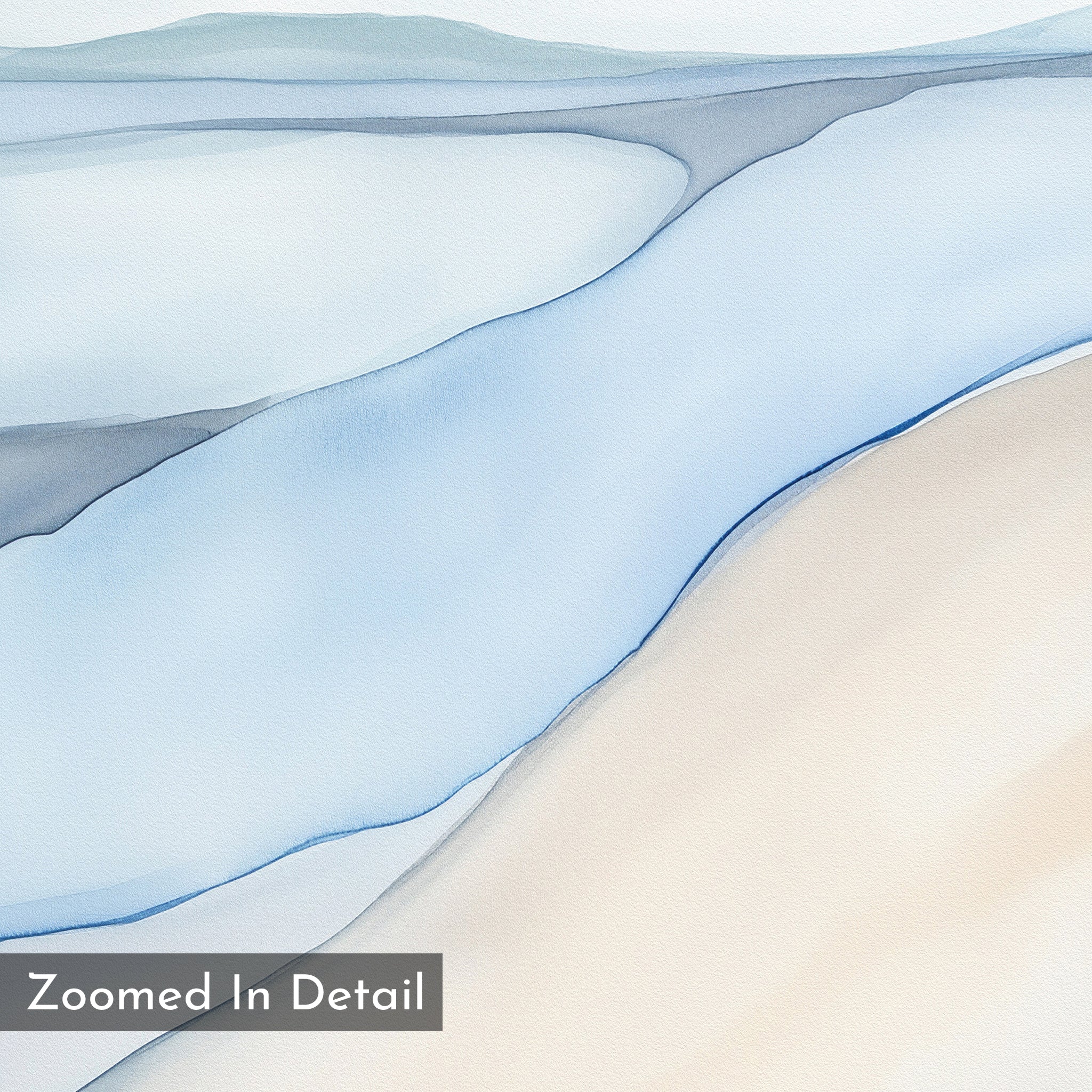 The Pale Currents Canvas Art - Square features flowing blue, gray, and beige shapes with soft, blended lines for a calm, serene look. "Zoomed In Detail" text appears in the corner.