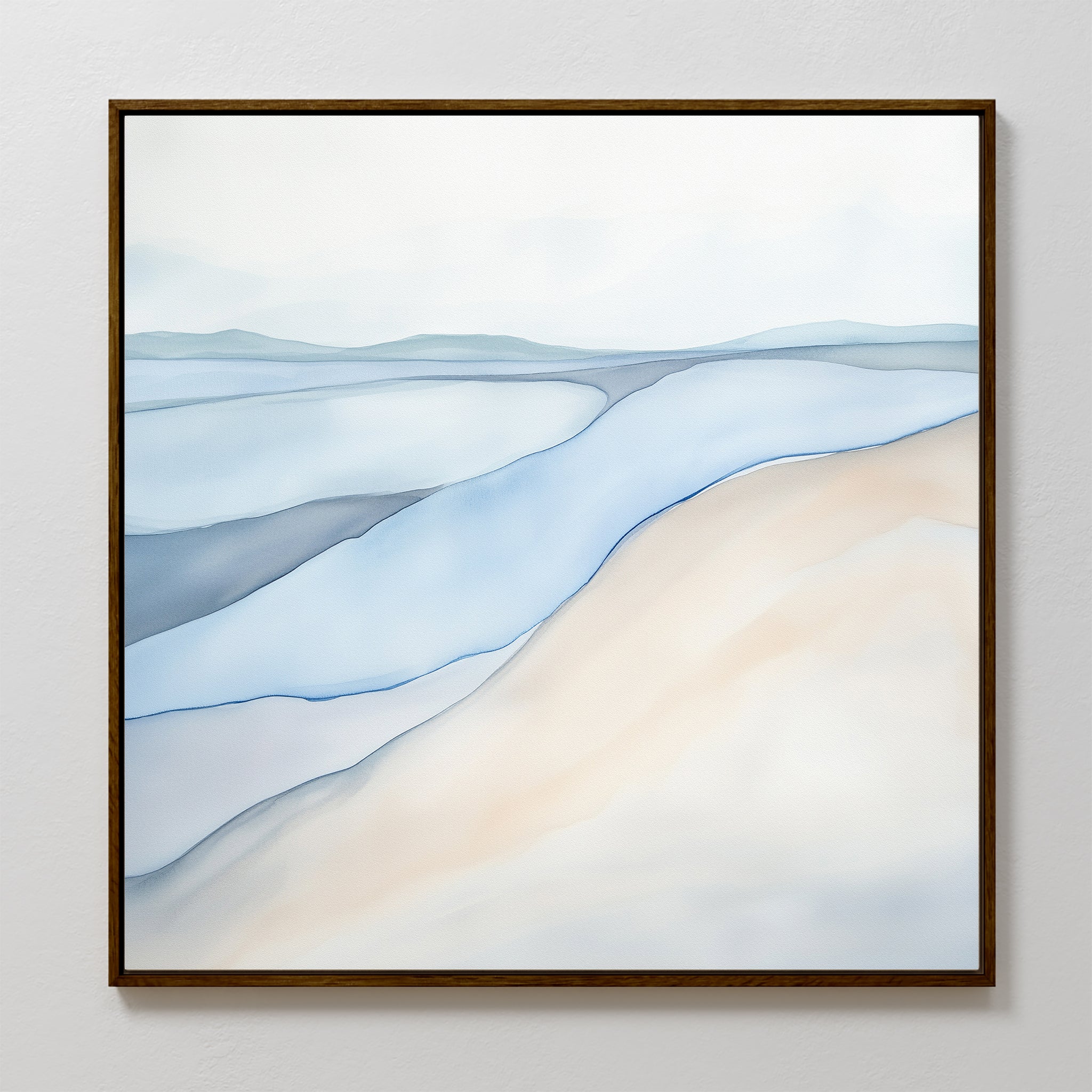 Pale Currents Canvas Art - Square: A framed abstract print with soft, flowing lines and blended blue, gray, and beige tones, evoking the calm of a Nordic park under a pale sky—ideal for serene wall art.