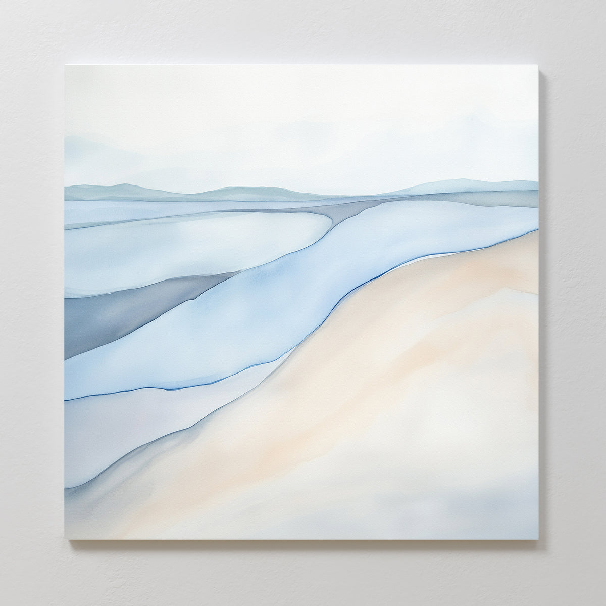 The Pale Currents Canvas Art - Square features soft, flowing blue, gray, and beige lines that evoke a calm landscape of hills and water under a cloudy sky, adding serene tranquility to your space when displayed on any wall.