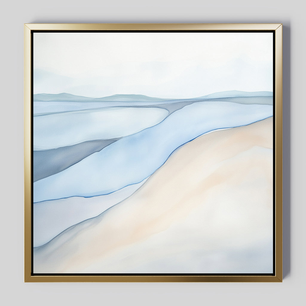 The Pale Currents Canvas Art - Square features soft, flowing lines in pastel blue, beige, and white to evoke gentle hills or waves. This serene abstract print comes framed in a simple gold-colored frame against a light background.
