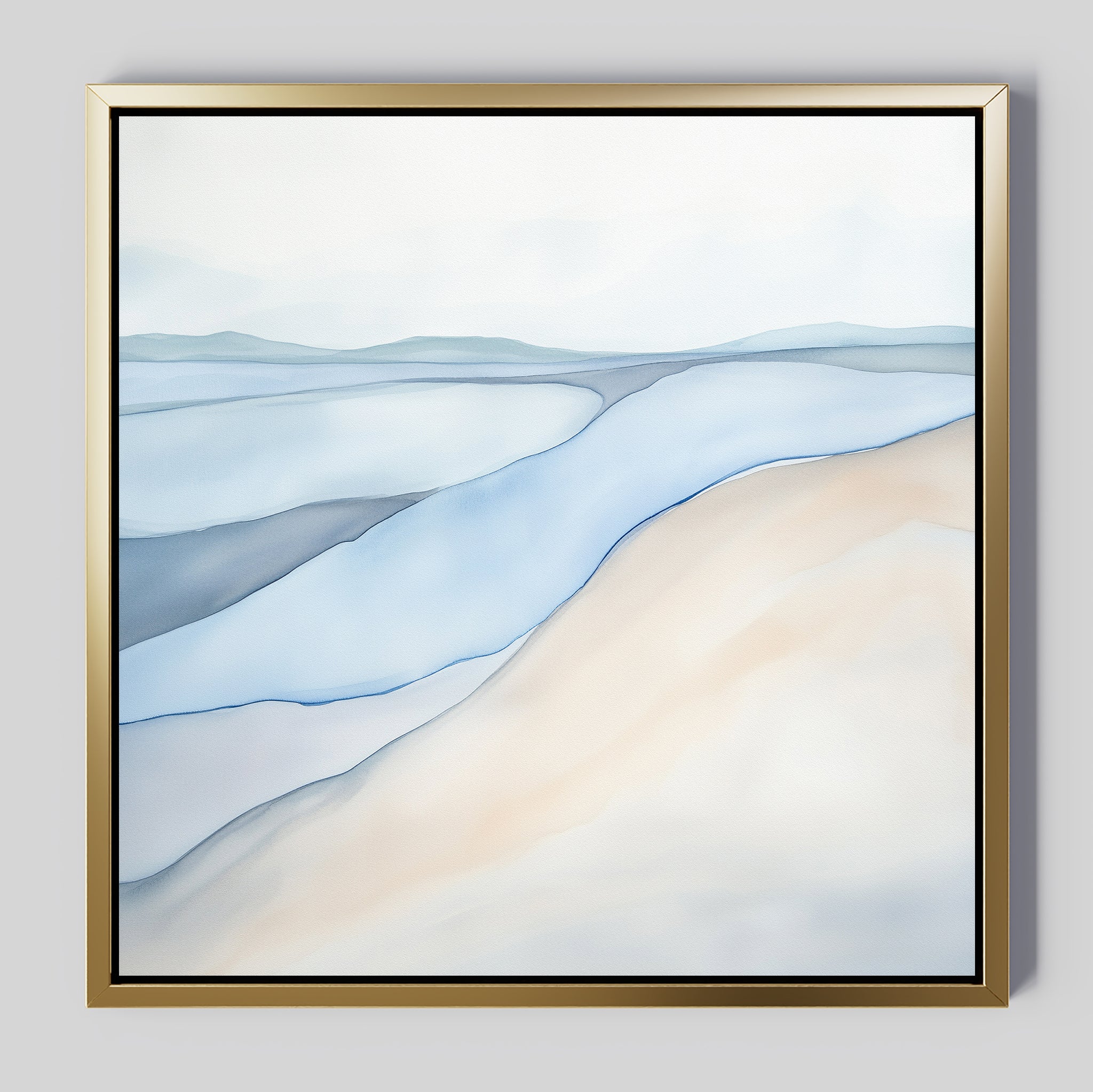 The Pale Currents Canvas Art - Square features soft, flowing lines in pastel blue, beige, and white to evoke gentle hills or waves. This serene abstract print comes framed in a simple gold-colored frame against a light background.