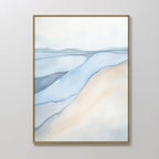 Pale Currents Canvas Art - Vertical: Minimalist abstract print in a gold frame with flowing blue, gray, and beige tones, evoking serene hills and water—calming wall art ideal for bright, modern spaces.