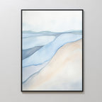Pale Currents Canvas Art - Vertical showcases soft blue, beige, and white tones in flowing shapes reminiscent of waves or hills. The calming abstract piece is framed in black and displayed on a light wall.