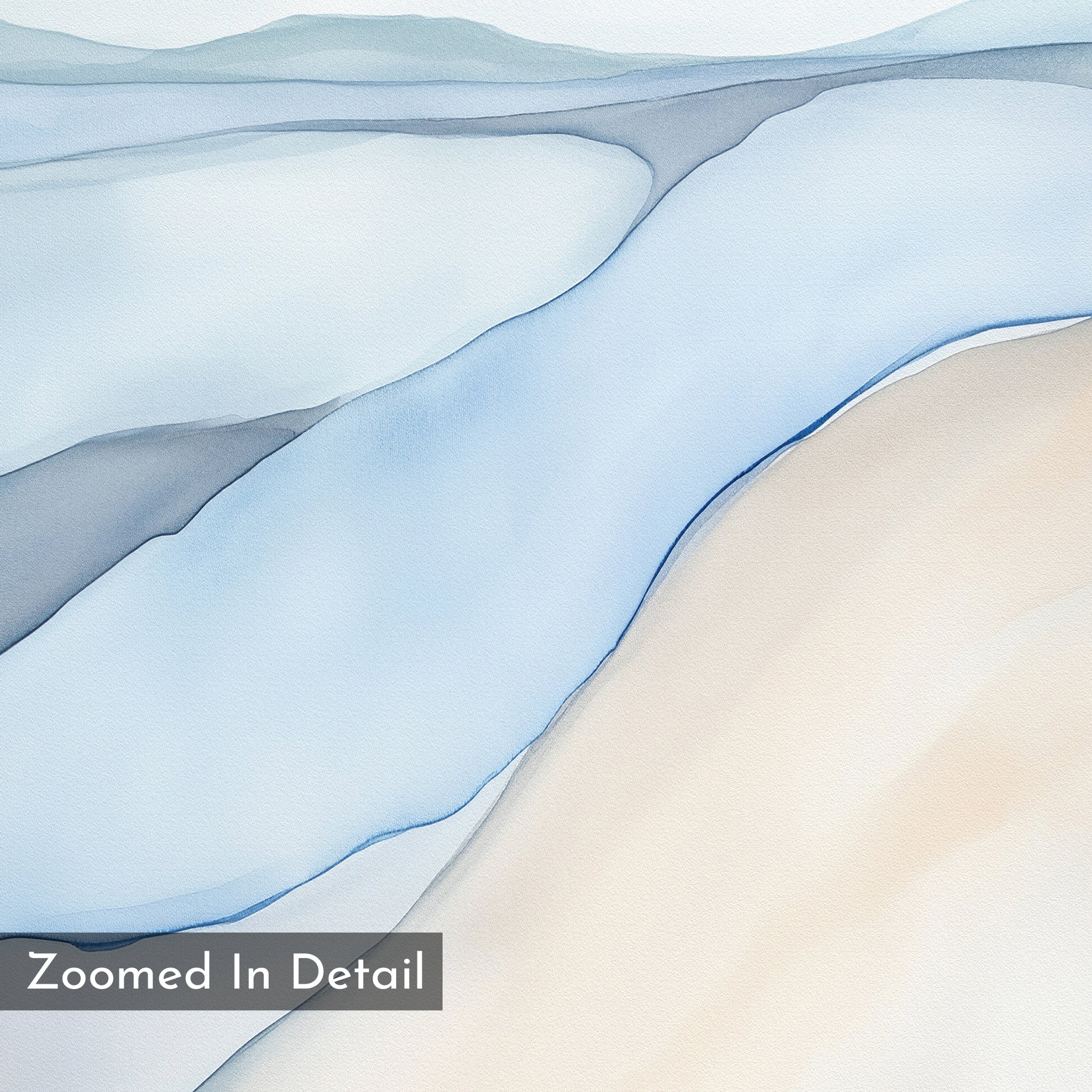 Pale Currents Canvas Art - Vertical features flowing, overlapping bands of blue, gray, and beige for a calming Nordic Park vibe. "Zoomed In Detail" appears in a gray box at the lower left corner.
