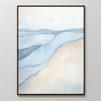 Pale Currents Canvas Art - Vertical features soft pastel blue, beige, and white layers resembling gentle waves or hills. This calming abstract print evokes a serene landscape and is framed with a slim dark border.