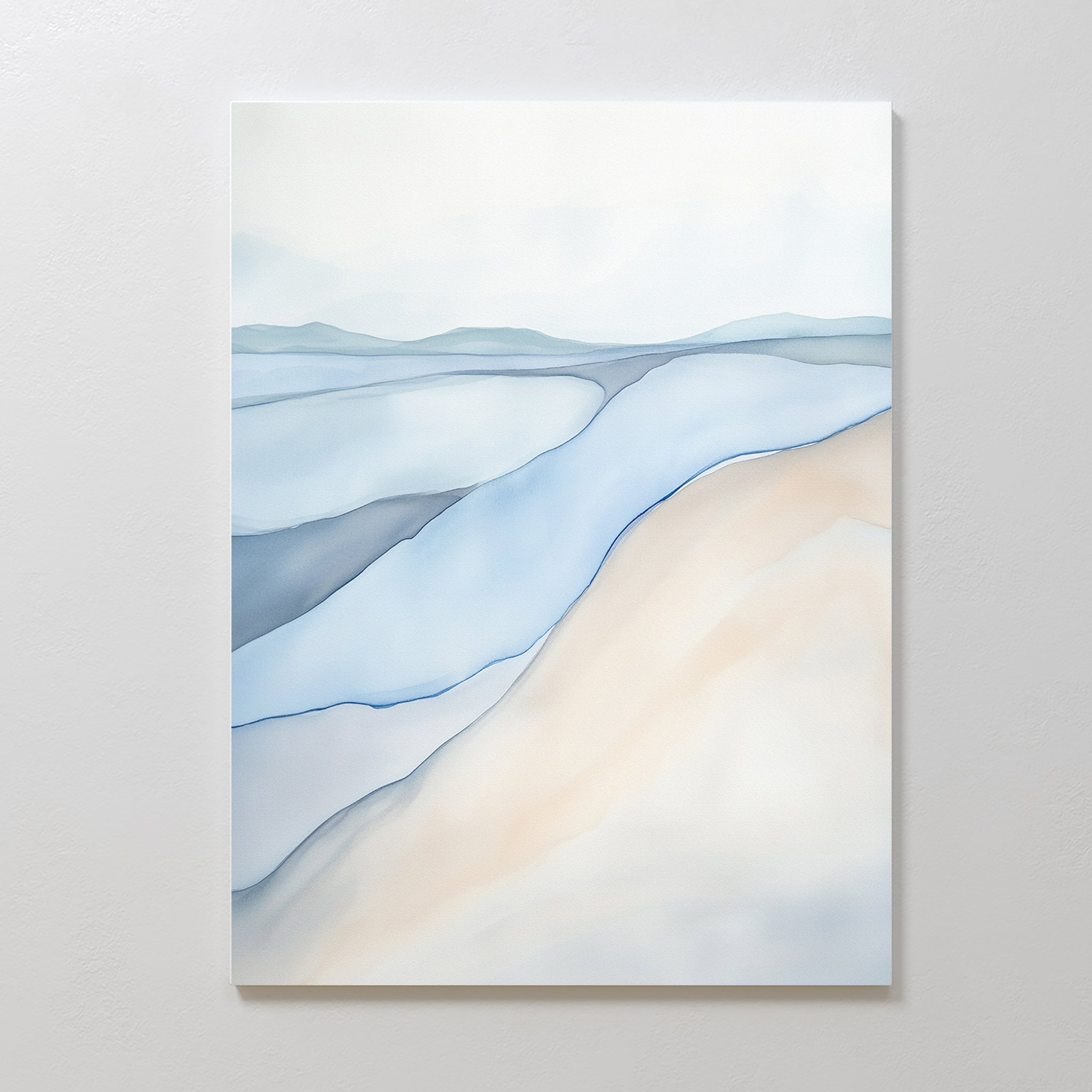 Pale Currents Canvas Art - Vertical: an abstract canvas print with soft, flowing shapes in blue, white, and beige, evoking a serene landscape of hills or waves—perfect for adding calmness to any plain white wall.