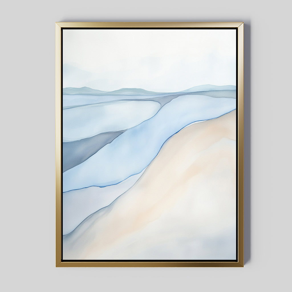 The Pale Currents Canvas Art - Vertical features soft blue, beige, and white flowing shapes on a light gray background in a gold frame—a minimalist piece ideal for adding calm to any Nordic Park-inspired space.