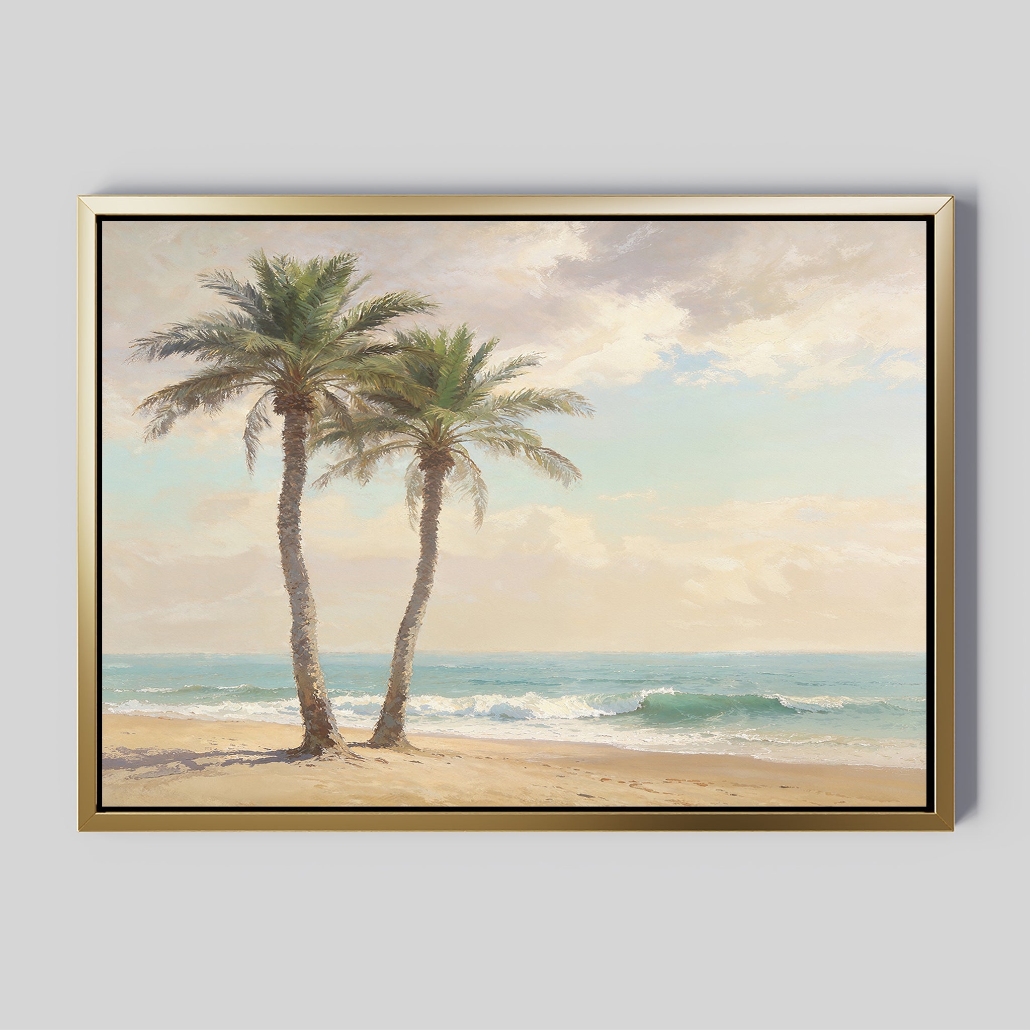 Paradise Found Canvas Art - Horizontal features two palm trees on a sandy beach with gentle waves and a partly cloudy sky. The gold frame adds elegance, bringing calm and coastal charm to any space.