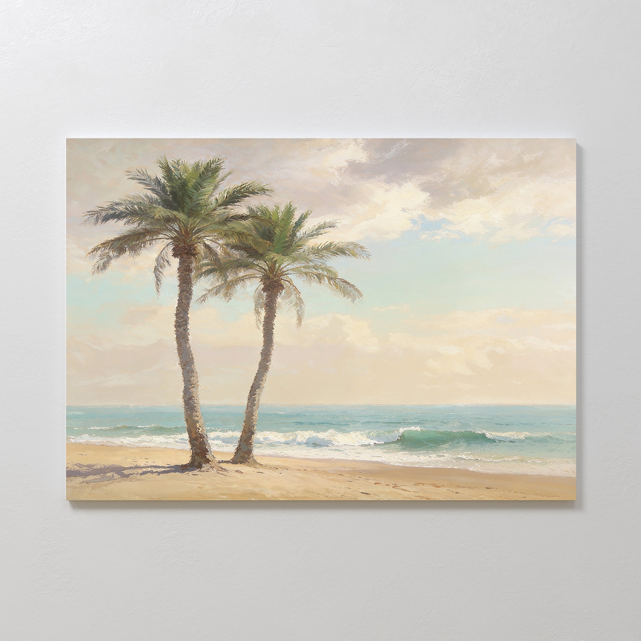 Paradise Found Canvas Art - Horizontal features two palm trees on a sandy beach with gentle waves and pastel clouds—a perfect piece of coastal décor for any space.