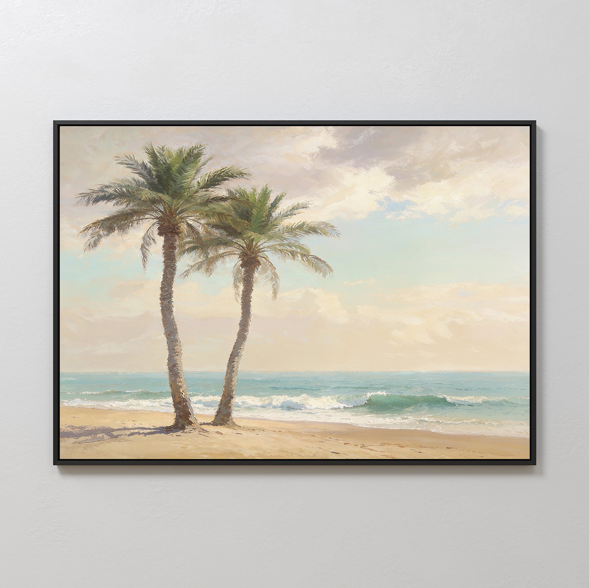 Paradise Found Canvas Art - Horizontal depicts two tall palm trees on a sandy beach with gentle waves and a partly cloudy sky in soft pastel hues, creating a serene and calming coastal vibe for your space.
