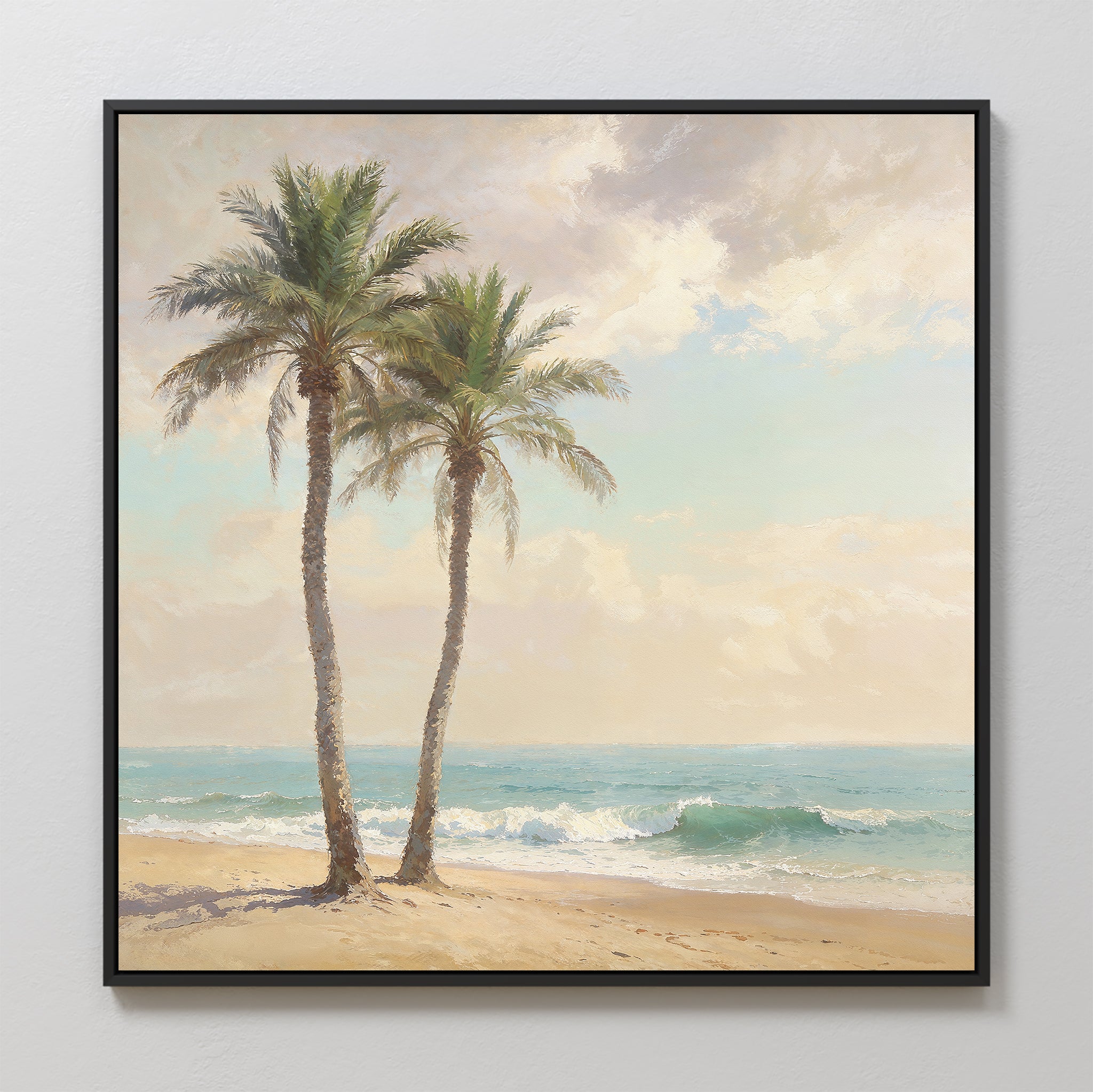 Paradise Found Canvas Art - Square features two tall palm trees on a sandy beach with gentle waves and a pastel sky, making it ideal serene wall art for any space.