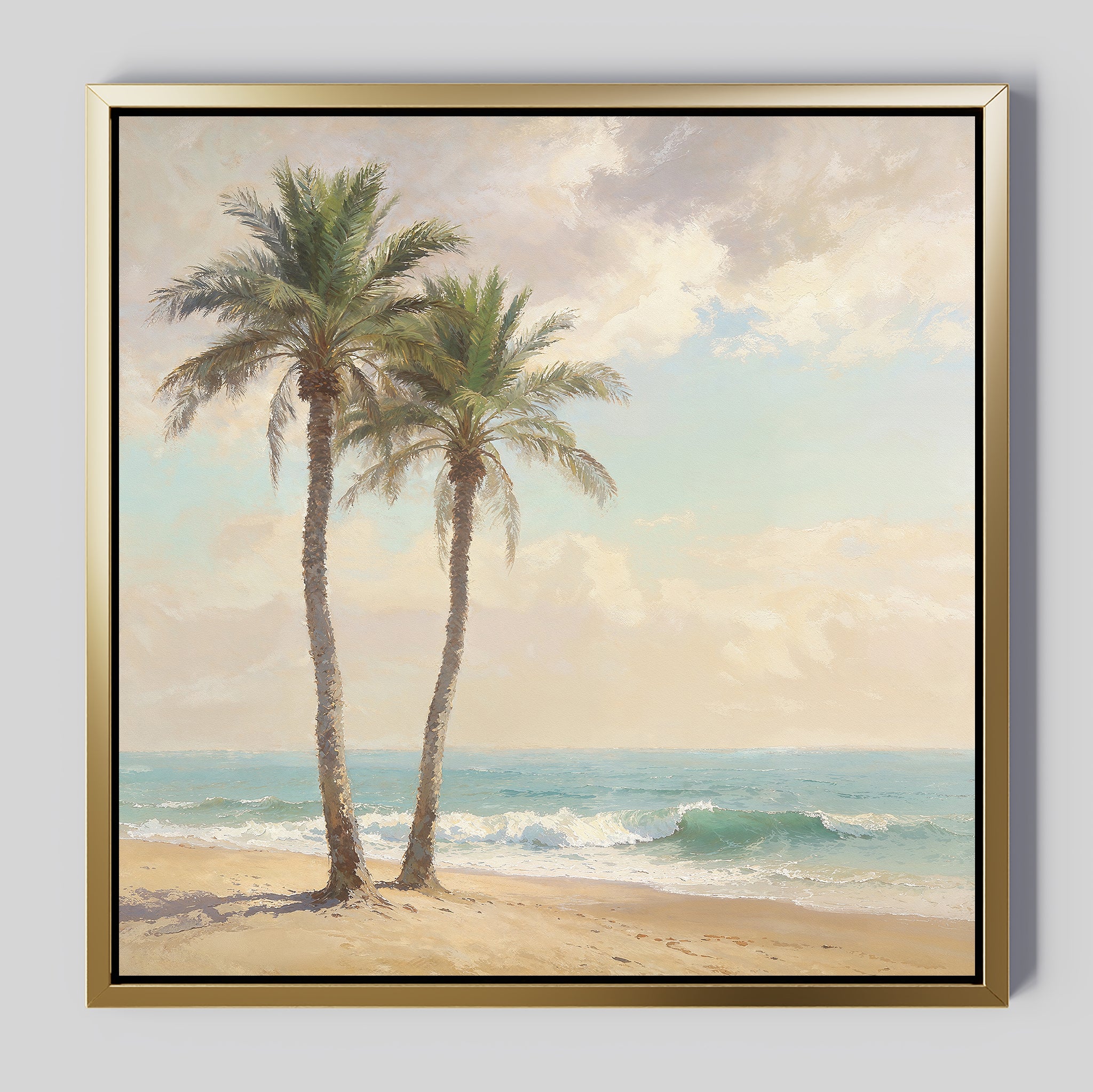 The Paradise Found Canvas Art - Square features two tall palm trees on a sandy shore with ocean waves and a partly cloudy sky, adding serene coastal charm to any space.