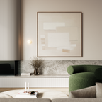 A modern living room with a green armchair, a low marble shelf displaying vases and books, and minimalist wall decor featuring the Quiet Structure Canvas Art. Soft lighting is provided by a small wall sconce.