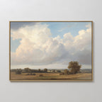 The Pastoral Grandeur Canvas Art - Horizontal features a serene field with scattered trees and billowing clouds, using soft, natural colors and a distant horizon to bring calming countryside beauty to your space.