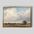 The Pastoral Grandeur Canvas Art - Horizontal features a serene landscape of open fields, scattered trees, and billowing white clouds on a plain light gray background—ideal countryside wall art for any room.