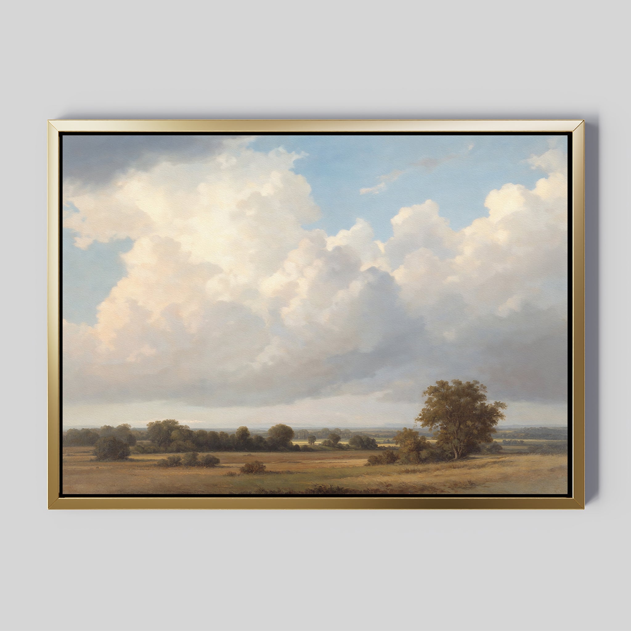 The Pastoral Grandeur Canvas Art - Horizontal features a serene landscape of open fields, scattered trees, and billowing white clouds on a plain light gray background—ideal countryside wall art for any room.