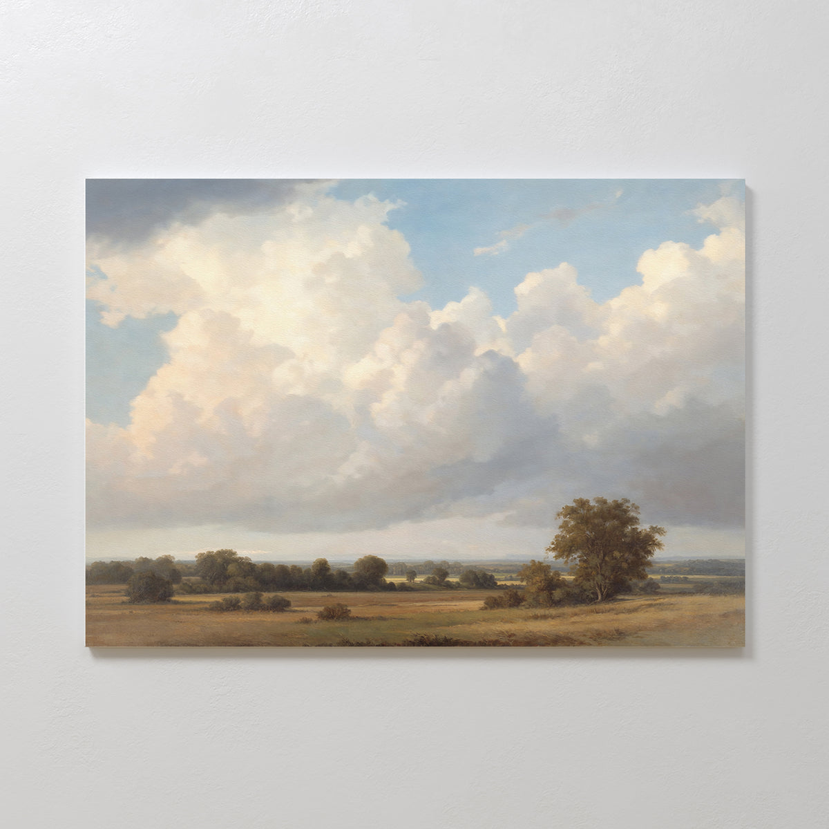 Pastoral Grandeur Canvas Art - Horizontal features a sweeping landscape with green fields, scattered trees, and a dramatic cloud-filled sky—ideal countryside wall art or canvas print for your home decor.