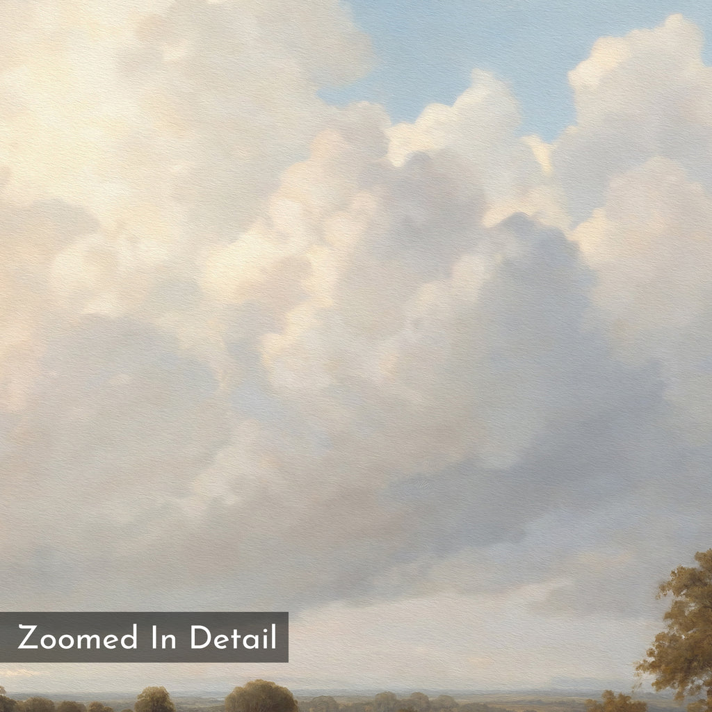 A close-up of “Pastoral Grandeur Canvas Art - Horizontal” showcases a cloudy sky with large, soft clouds above treetops and horizon, ideal as countryside wall art or canvas print. “Zoomed In Detail” appears in the corner.