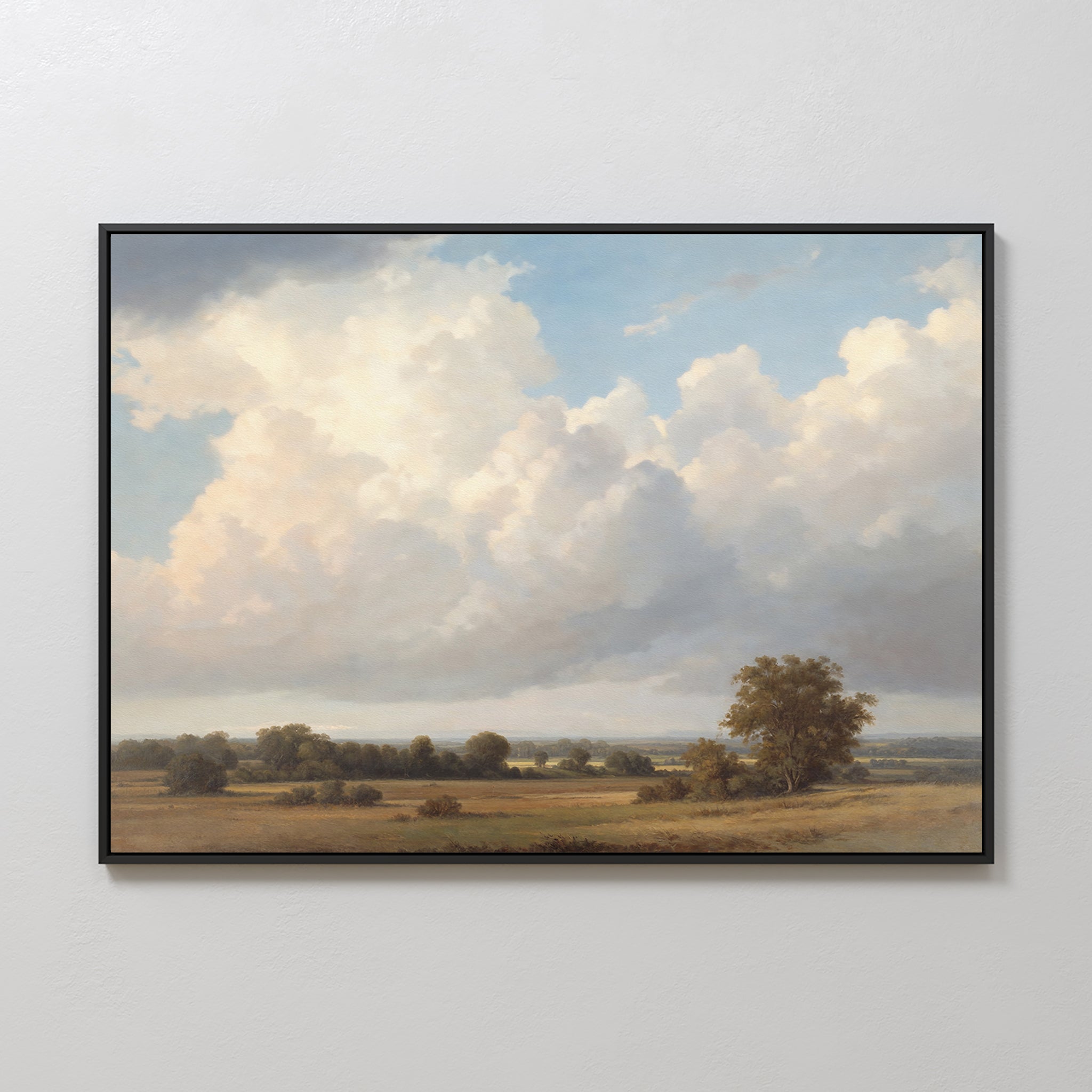 The Pastoral Grandeur Canvas Art - Horizontal features a serene landscape with open fields, scattered trees, and a vast sky with soft clouds—an ideal piece of countryside wall art for a calm, natural atmosphere.