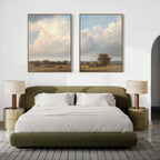 Modern bedroom with an olive green bed, white bedding, gold nightstands, beige lamps, and "Pastoral Grandeur - Set of 2" wall art—two large Nordic canvas prints of clouds and fields—displayed above the bed.