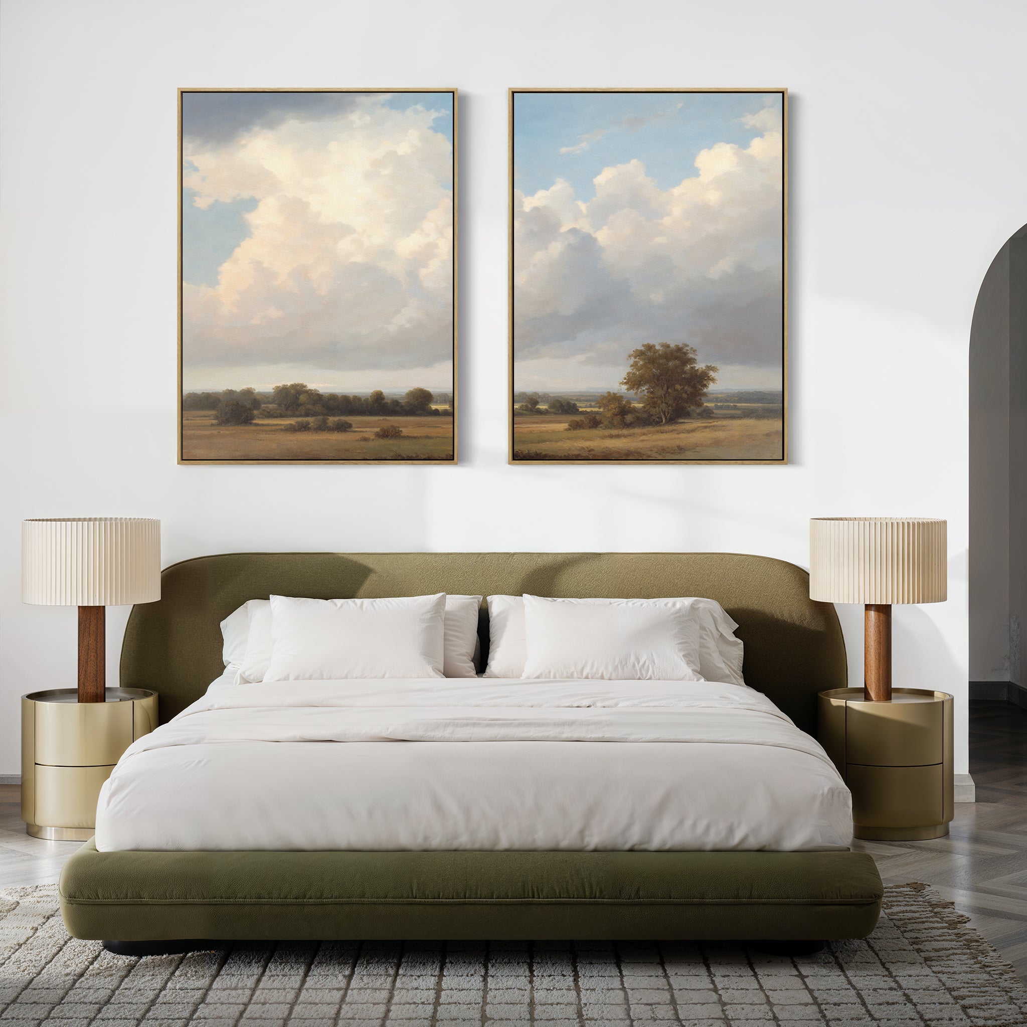 Modern bedroom with an olive green bed, white bedding, gold nightstands, beige lamps, and "Pastoral Grandeur - Set of 2" wall art—two large Nordic canvas prints of clouds and fields—displayed above the bed.