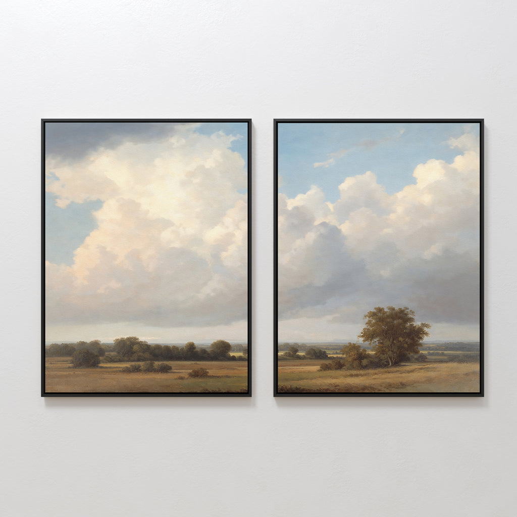 The "Pastoral Grandeur - Set of 2" features two framed paintings of expansive countryside scenes with fields, trees, and a bright sky. This Nordic Park wall art set creates serene scenery that flows seamlessly across both artworks.