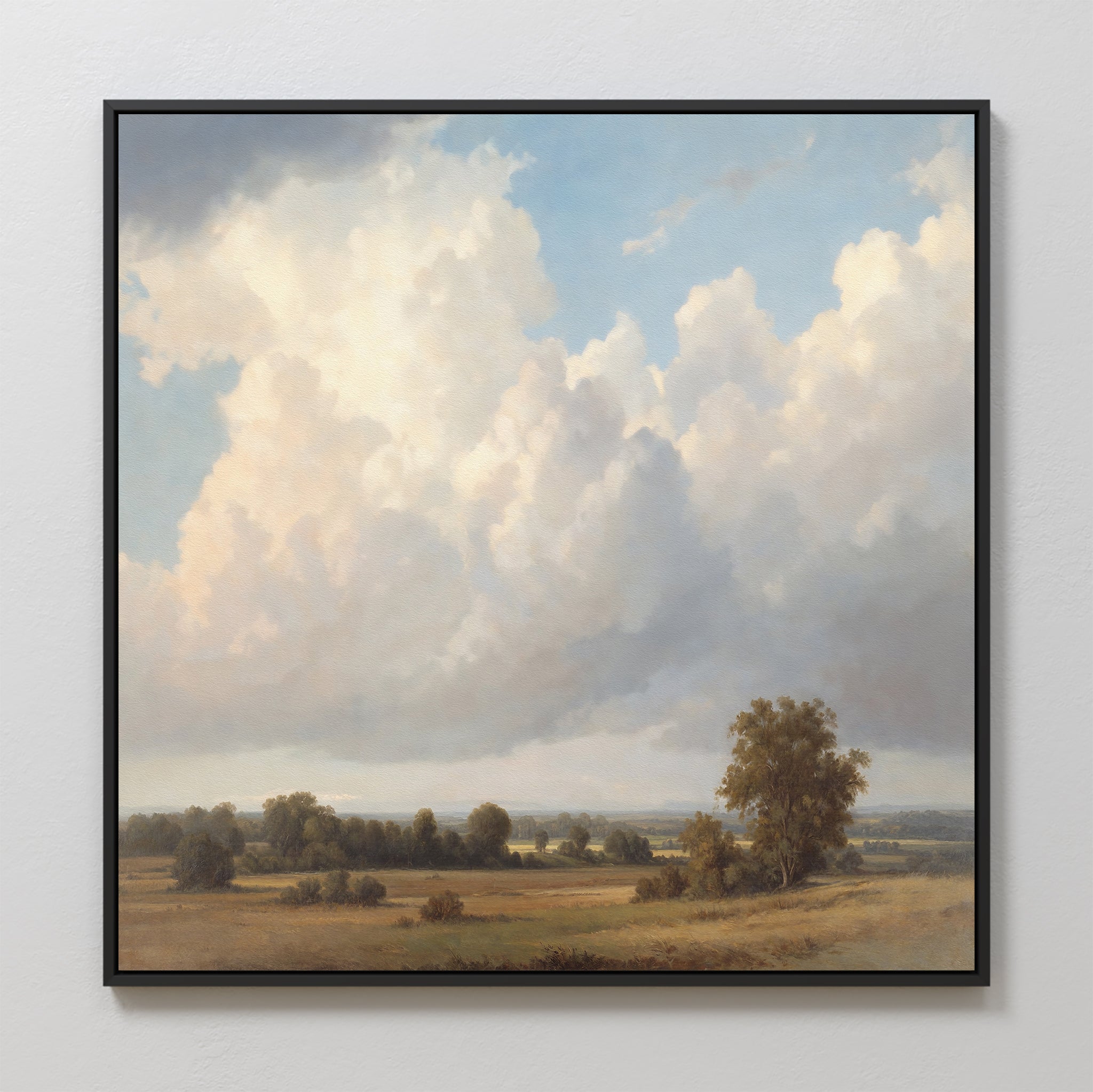 The Pastoral Grandeur Canvas Art - Square features a tranquil grassy field with scattered trees and bright clouds, creating a sense of calm and openness—ideal serene landscape decor for any room.