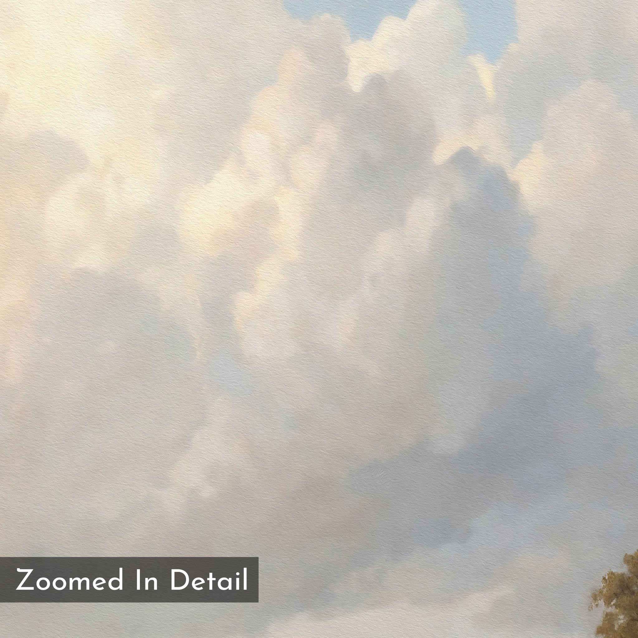A close-up of soft, fluffy clouds painted in light pastels with a textured, painterly effect. Ideal for serene landscape decor. Features the label “Zoomed In Detail” on the bottom left. Pastoral Grandeur Canvas Art - Square.