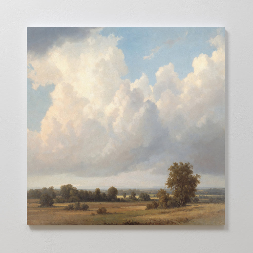 The Pastoral Grandeur Canvas Art - Square features a wide field with scattered trees beneath a sky of fluffy white clouds, creating calm, soft natural light—ideal pastoral wall art for any room.