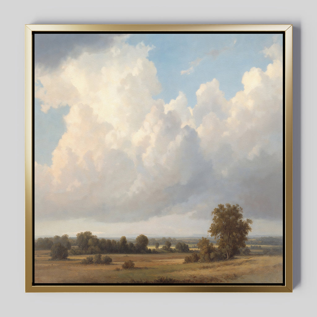 Pastoral Grandeur Canvas Art - Square: a framed countryside print featuring a wide field, scattered trees, and a blue sky with white clouds, bringing a calm and peaceful atmosphere to your space.