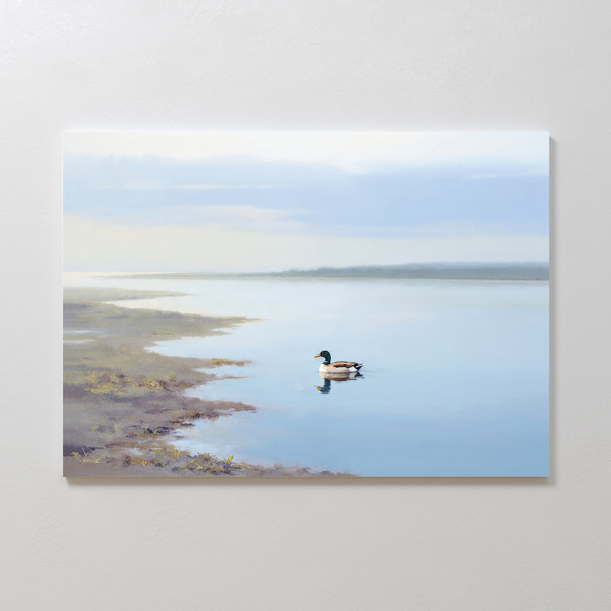 The Peaceful Duck Haven Canvas Art - Horizontal features a duck swimming by the shore in Nordic Park, with soft water reflections and a hazy sky, making it ideal serene wetland print decor.