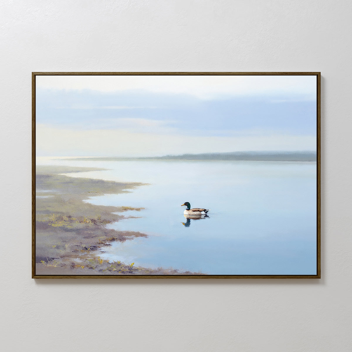 The Peaceful Duck Haven Canvas Art - Horizontal shows a duck gliding on a tranquil lakeshore under soft clouds and blue sky reflections—ideal for bringing relaxing Nordic Park vibes to your space.