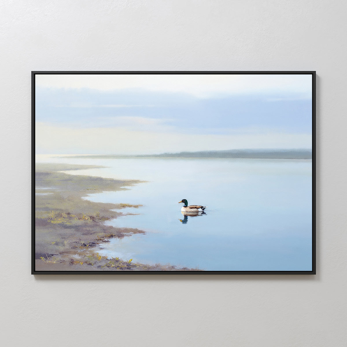 The Peaceful Duck Haven Canvas Art - Horizontal showcases a single mallard gliding near the shore, with calm water and soft hues evoking a serene, classic lakeside ambiance for your wall.
