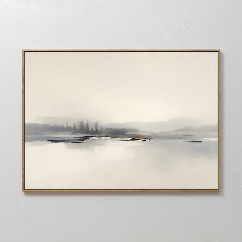 The Peaceful Lake Morning Canvas Art - Horizontal features a minimalist misty landscape with blurred trees and calm water in soft gray, beige, and white tones. Framed and displayed on a plain wall, it creates a serene, peaceful atmosphere.
