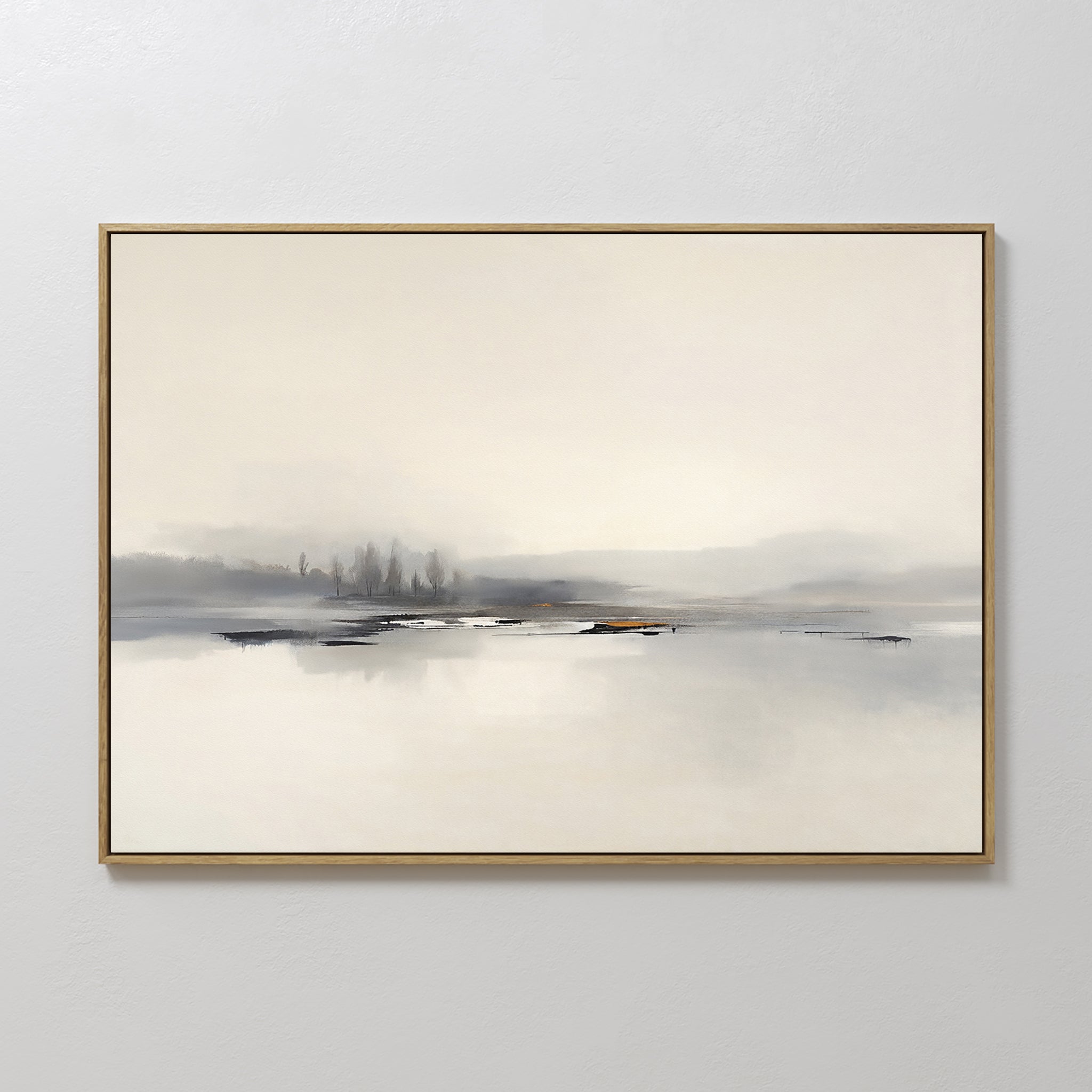 The Peaceful Lake Morning Canvas Art - Horizontal features a minimalist misty landscape with blurred trees and calm water in soft gray, beige, and white tones. Framed and displayed on a plain wall, it creates a serene, peaceful atmosphere.
