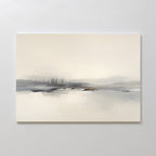 The Peaceful Lake Morning Canvas Art - Horizontal displays a minimalist misty landscape with calm water, distant trees, and soft gray and beige tones, evoking a tranquil and peaceful atmosphere.