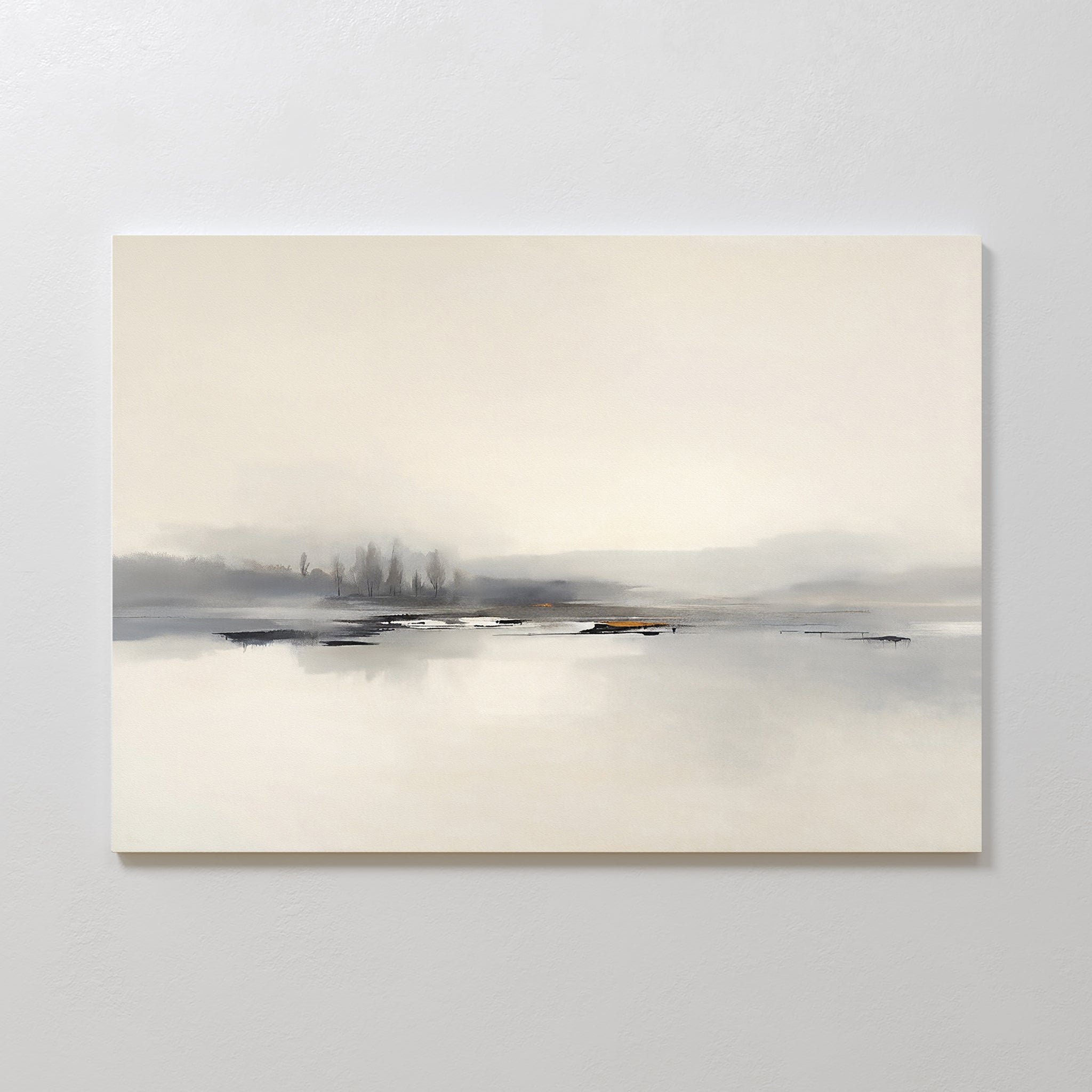 The Peaceful Lake Morning Canvas Art - Horizontal displays a minimalist misty landscape with calm water, distant trees, and soft gray and beige tones, evoking a tranquil and peaceful atmosphere.