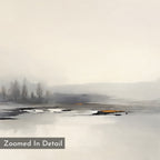 The Peaceful Lake Morning Canvas Art - Horizontal features a minimalist landscape of misty trees and a calm lake in gray and beige with orange-brown highlights, plus "Zoomed In Detail" text at the bottom left for added tranquility.