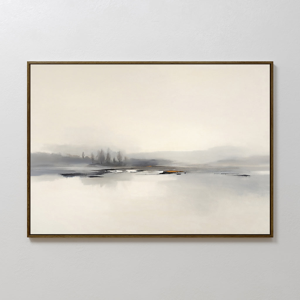 The Peaceful Lake Morning Canvas Art - Horizontal features minimalist artwork in a thin dark frame, showing a tranquil landscape of misty trees and water in muted gray, beige, and pale blue tones for a peaceful atmosphere.