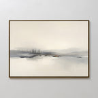 The Peaceful Lake Morning Canvas Art - Horizontal features minimalist artwork in a thin dark frame, showing a tranquil landscape of misty trees and water in muted gray, beige, and pale blue tones for a peaceful atmosphere.