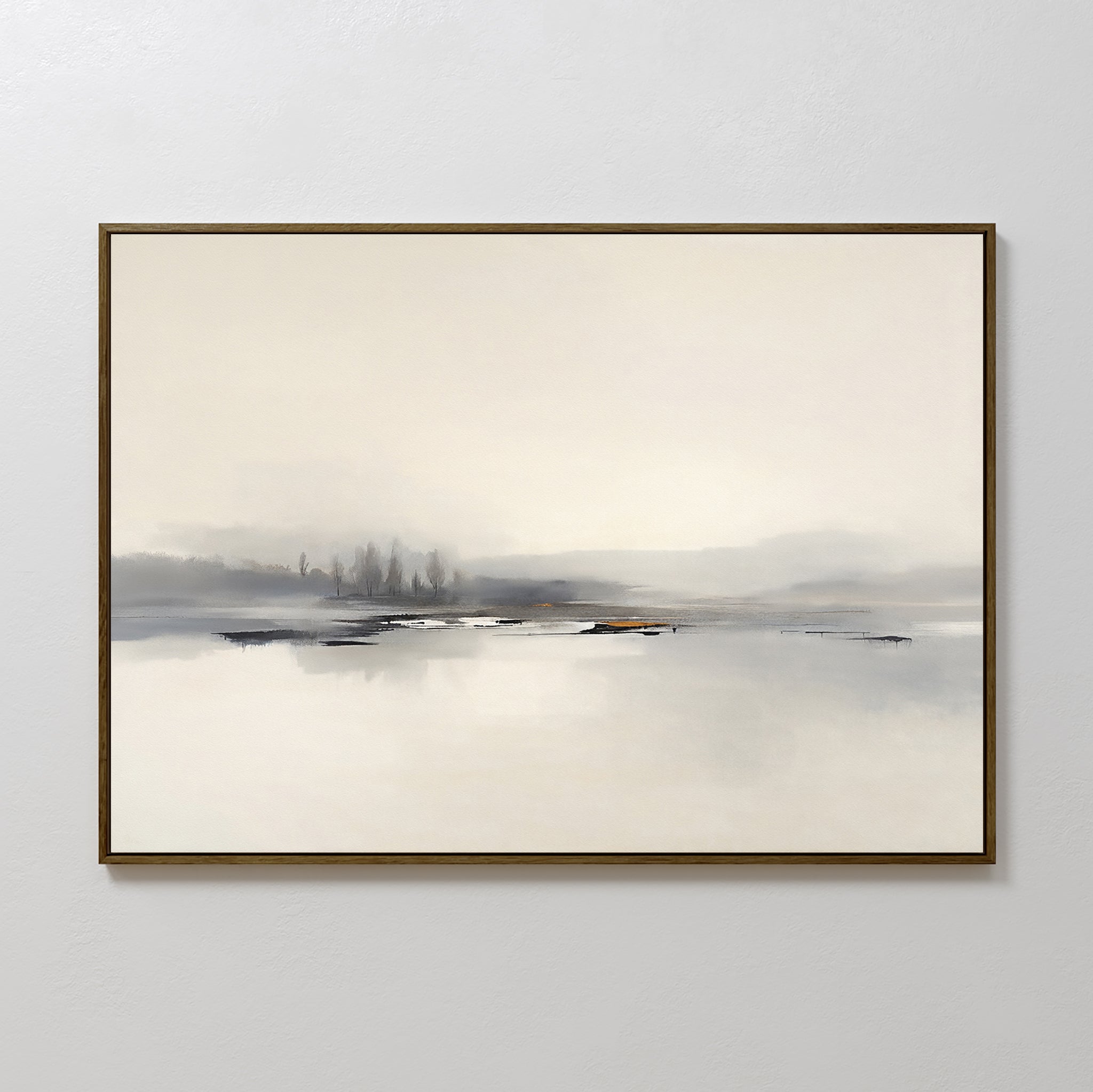 The Peaceful Lake Morning Canvas Art - Horizontal features minimalist artwork in a thin dark frame, showing a tranquil landscape of misty trees and water in muted gray, beige, and pale blue tones for a peaceful atmosphere.