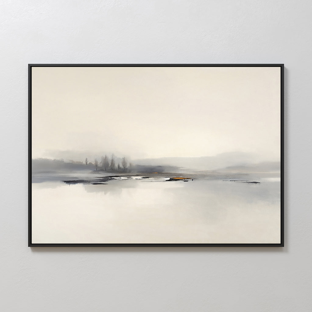 The "Peaceful Lake Morning Canvas Art - Horizontal" features a serene lakeside scene in soft neutrals with distant trees and calm, reflective water, framed in black and displayed on a light gray wall for a tranquil touch.