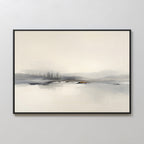The "Peaceful Lake Morning Canvas Art - Horizontal" features a serene lakeside scene in soft neutrals with distant trees and calm, reflective water, framed in black and displayed on a light gray wall for a tranquil touch.