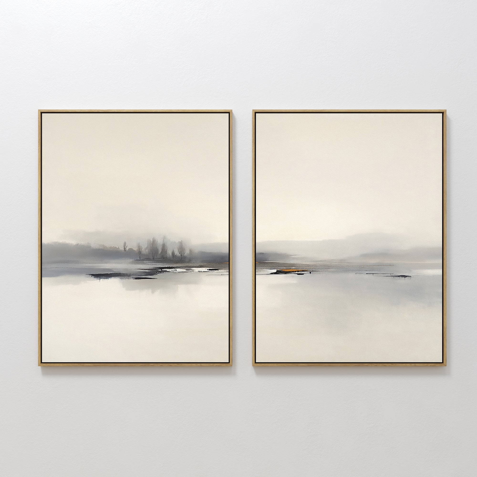 The "Peaceful Lake Morning - Set Of 2" features minimalist landscape paintings in soft, muted colors of a tranquil lakeside with distant trees and water reflections. Both framed artworks are displayed side by side on a white wall.