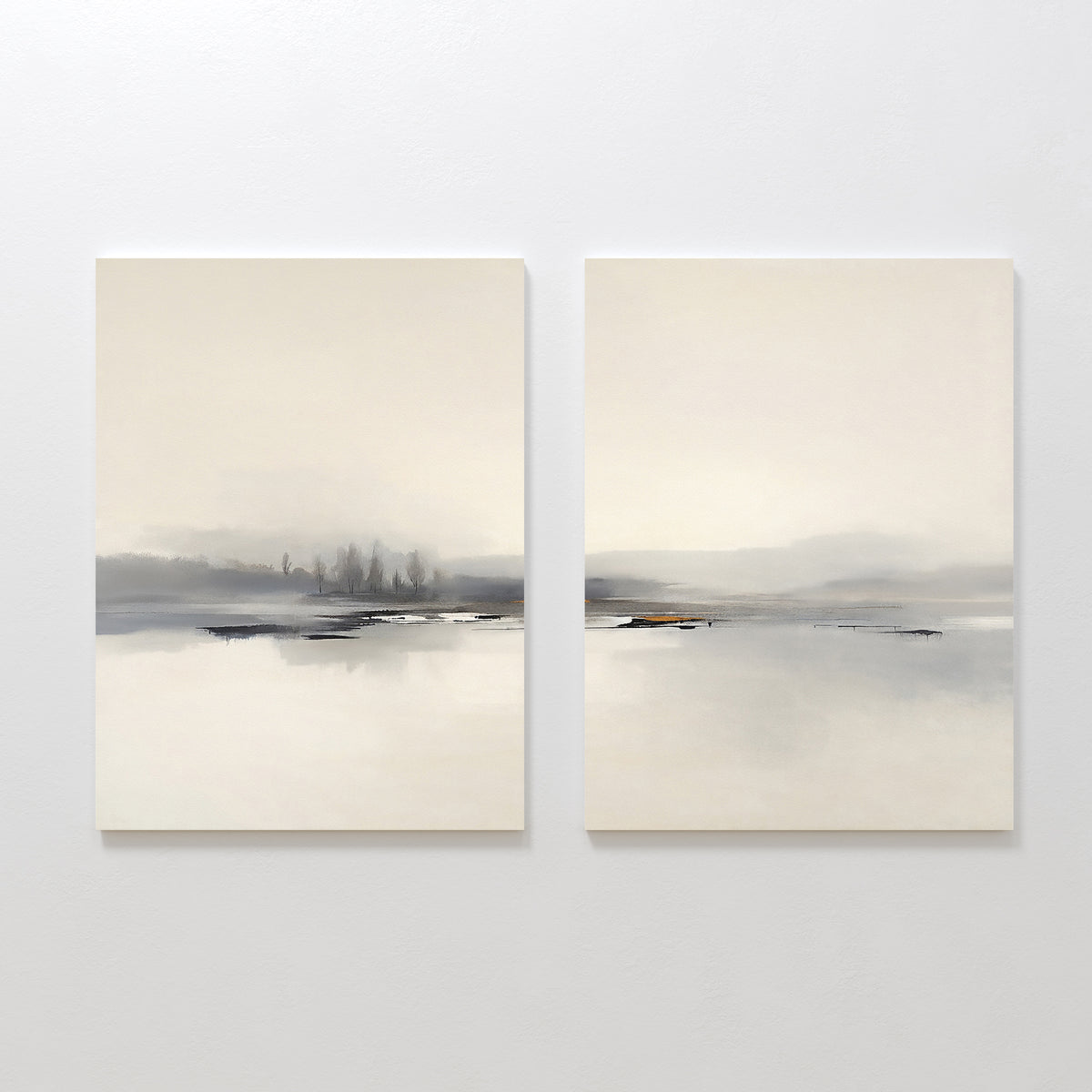 The "Peaceful Lake Morning - Set Of 2" features two minimalist prints of a serene landscape in soft gray, beige, and white tones, portraying calm water and distant treelines beneath a pale sky for a tranquil touch.