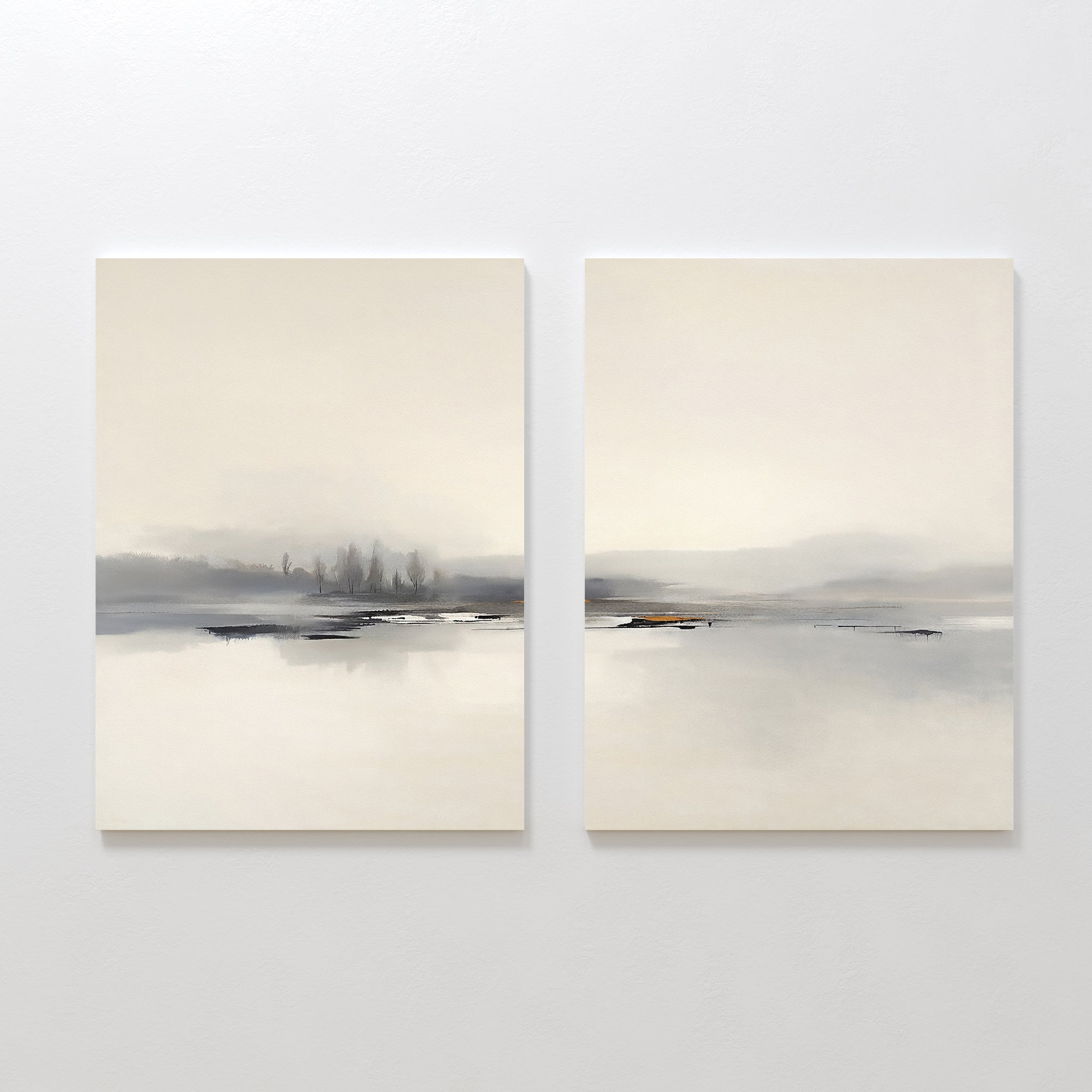 The "Peaceful Lake Morning - Set Of 2" features two minimalist prints of a serene landscape in soft gray, beige, and white tones, portraying calm water and distant treelines beneath a pale sky for a tranquil touch.
