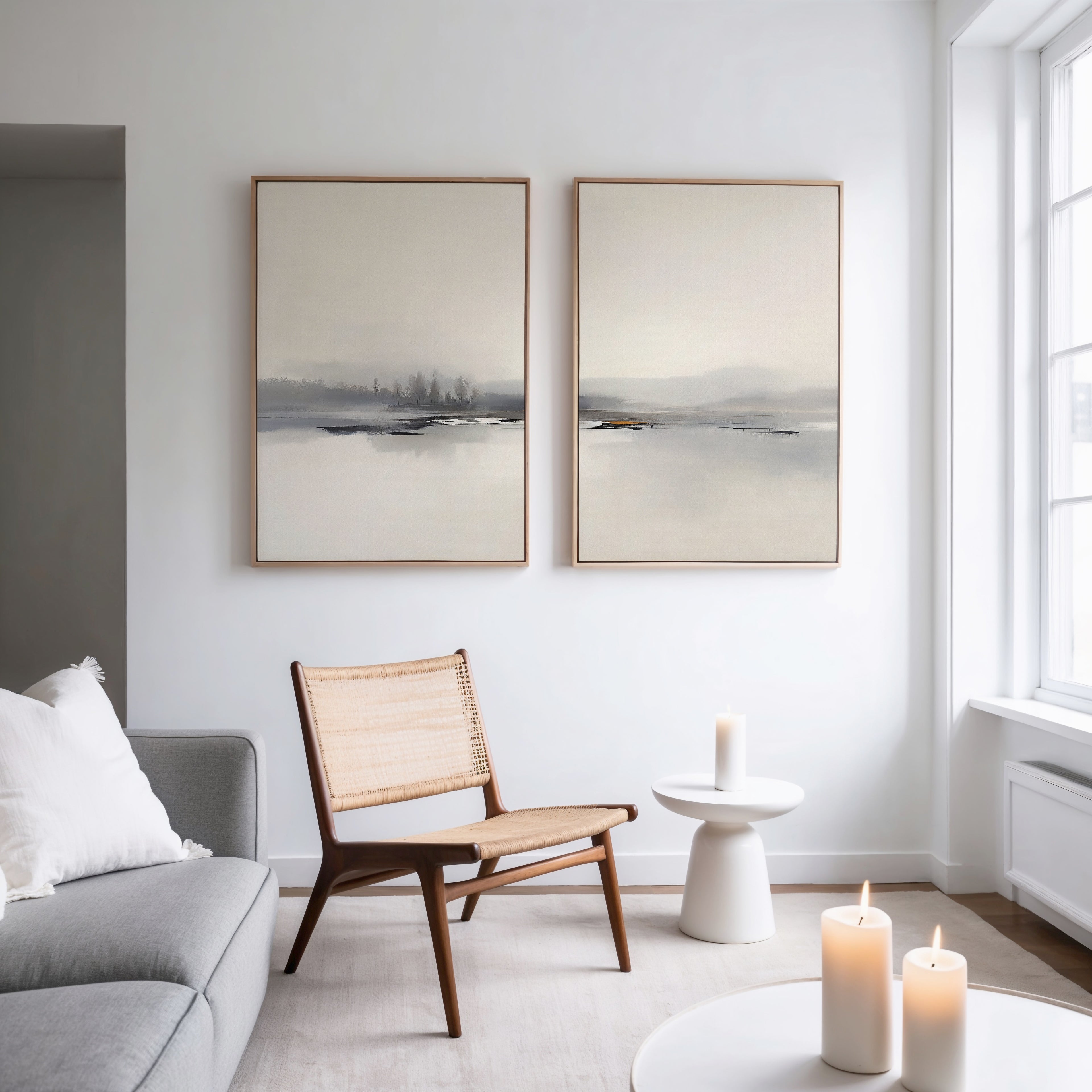 A minimalist living room with a gray sofa, woven wooden chair, small white side table topped with a candle, and "Peaceful Lake Morning - Set Of 2" landscape prints on the wall. Large windows fill the space with natural light.